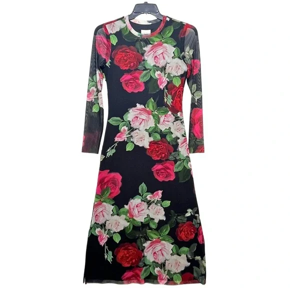 Johnny Was NWT Mesh Midi Romantic Boho Dress Rosa Floral Red Pink Black Small - Picture 4 of 11
